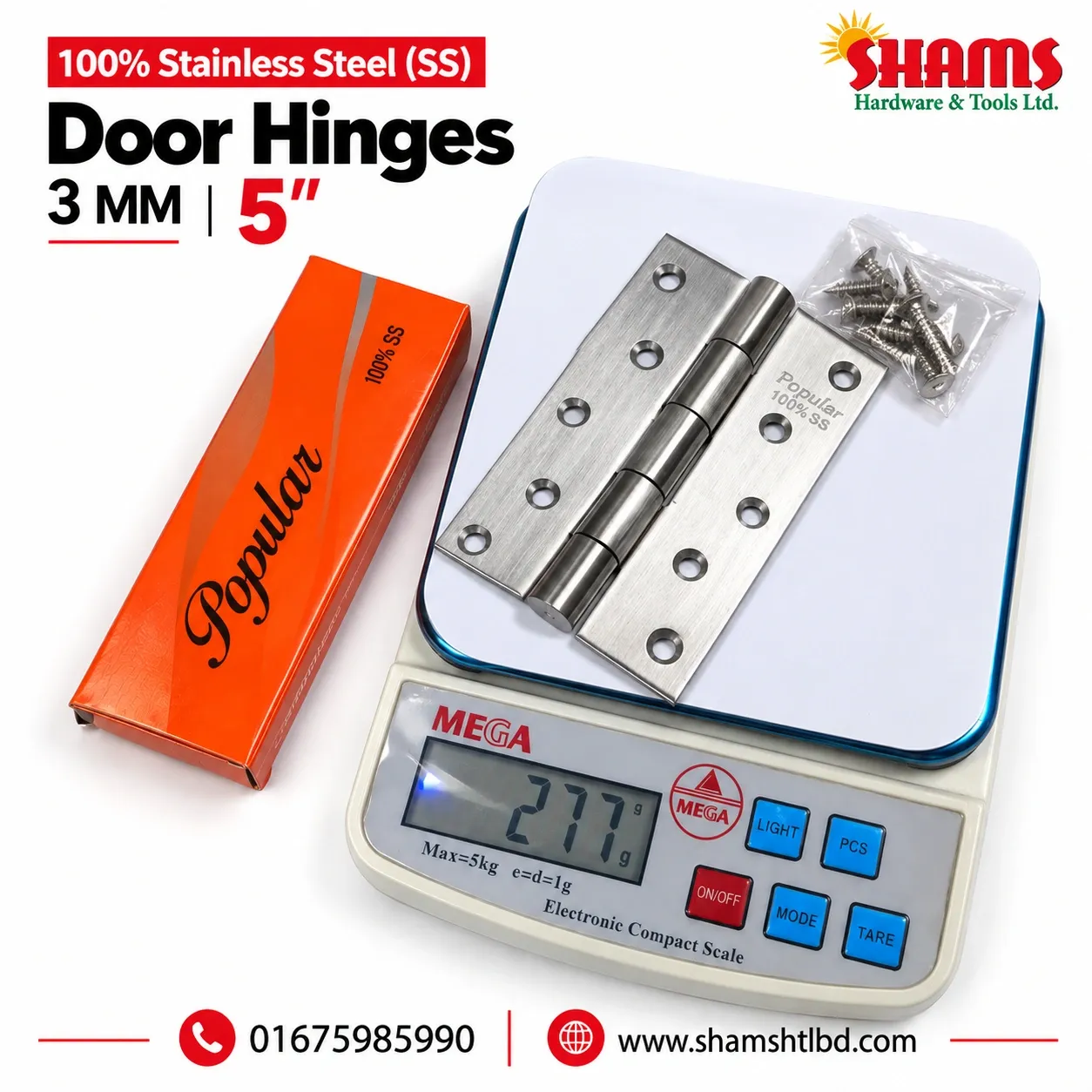 100% Stainless Steel (SS) Door Hinge – 3MM × 5"